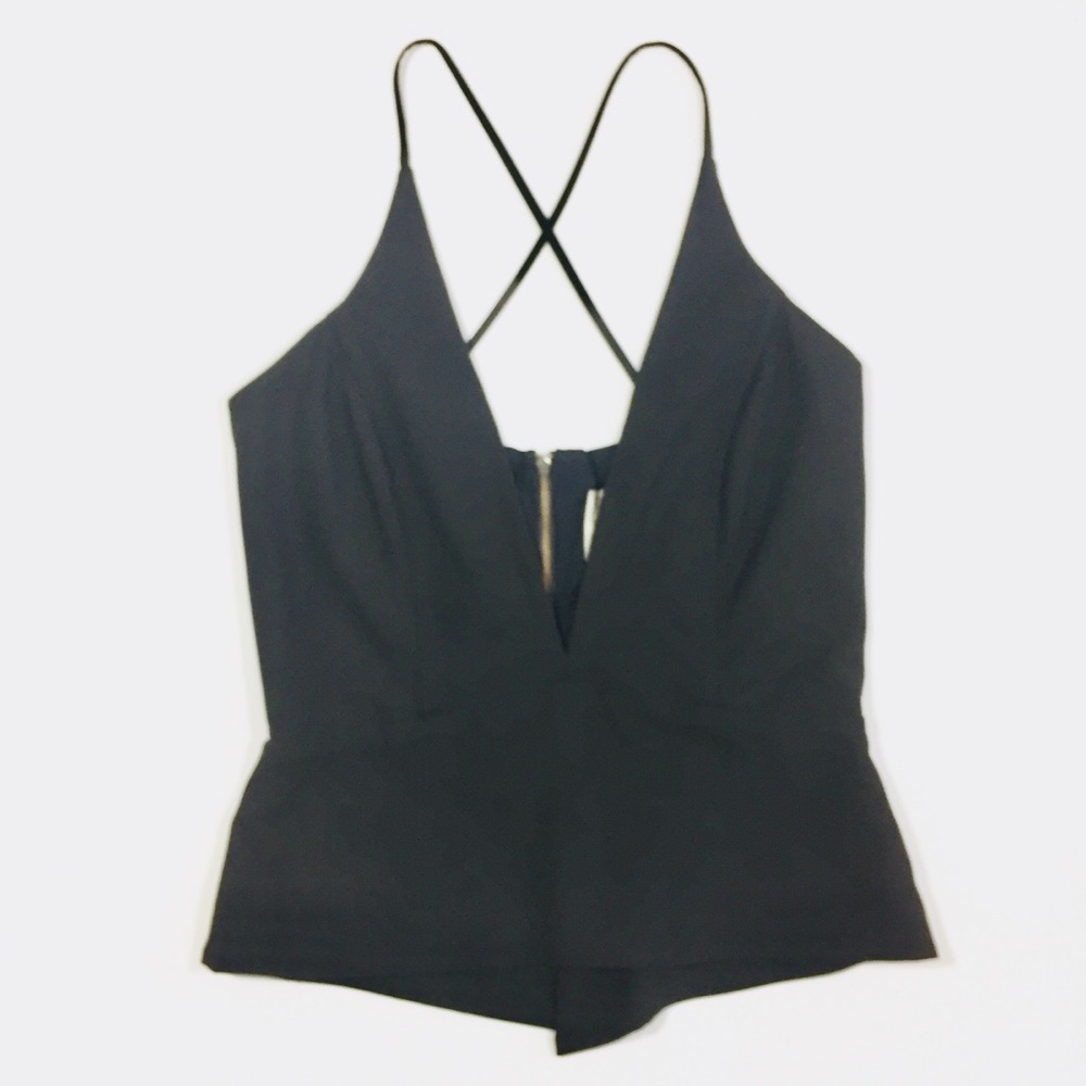 Mason Black Sleeveless V-Neck Peplum Cami with Crisscross Straps